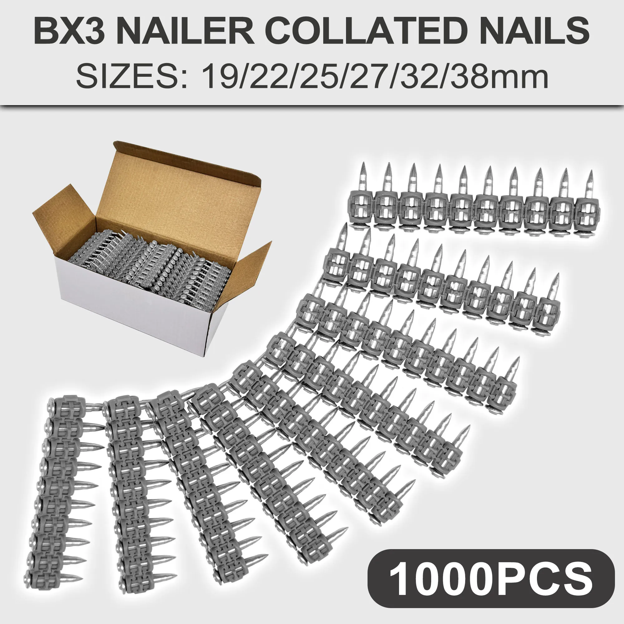 1000 Pack 3mm Steel Concrete Nails Compatible with Hilti BX3 19mm–38mm Size for Heavy Duty Cement Board and Construction
