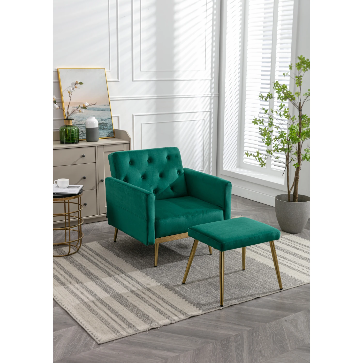 COOLMORE Silla decorativa de terciopelo con reposabrazos y respaldo ajustables, sillón capitoné con botones, sillón reclinable individual con ot