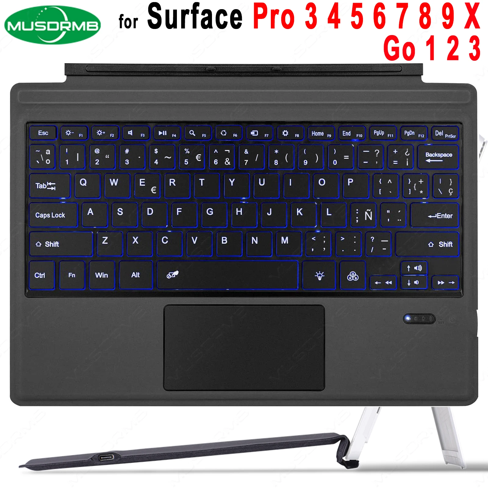 Teclado retroiluminado para Microsoft Surface Pro 3, 4, 5, 6, 7, 8, 9 Pro X, Trackpad inalámbrico Go 1, 2, 3, teclado delgado Español con Ñ