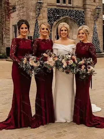 Burgundy Lace Bridesmaid Dress with Train Womens Boat Neck Full Sleeve Mermaid Wedding Party Dress Long Custom Prom Evening Gown