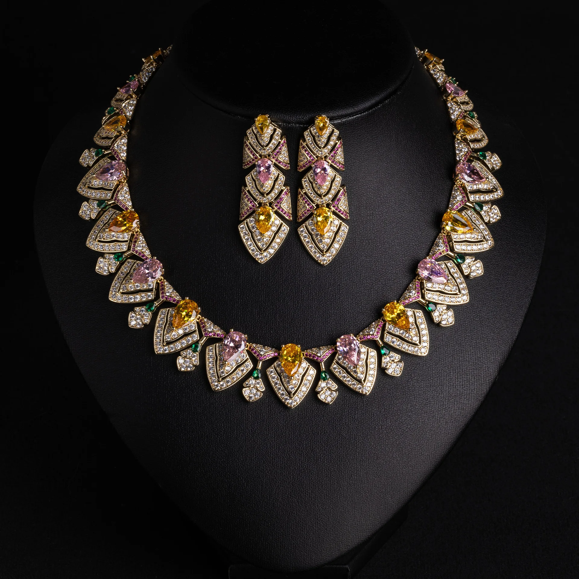 Light Luxury Palace Style Colored Gem Necklace Earrings 2Pcs Set, Water Drop Color Zircon Jewelry Set for Bride Banquet High-End