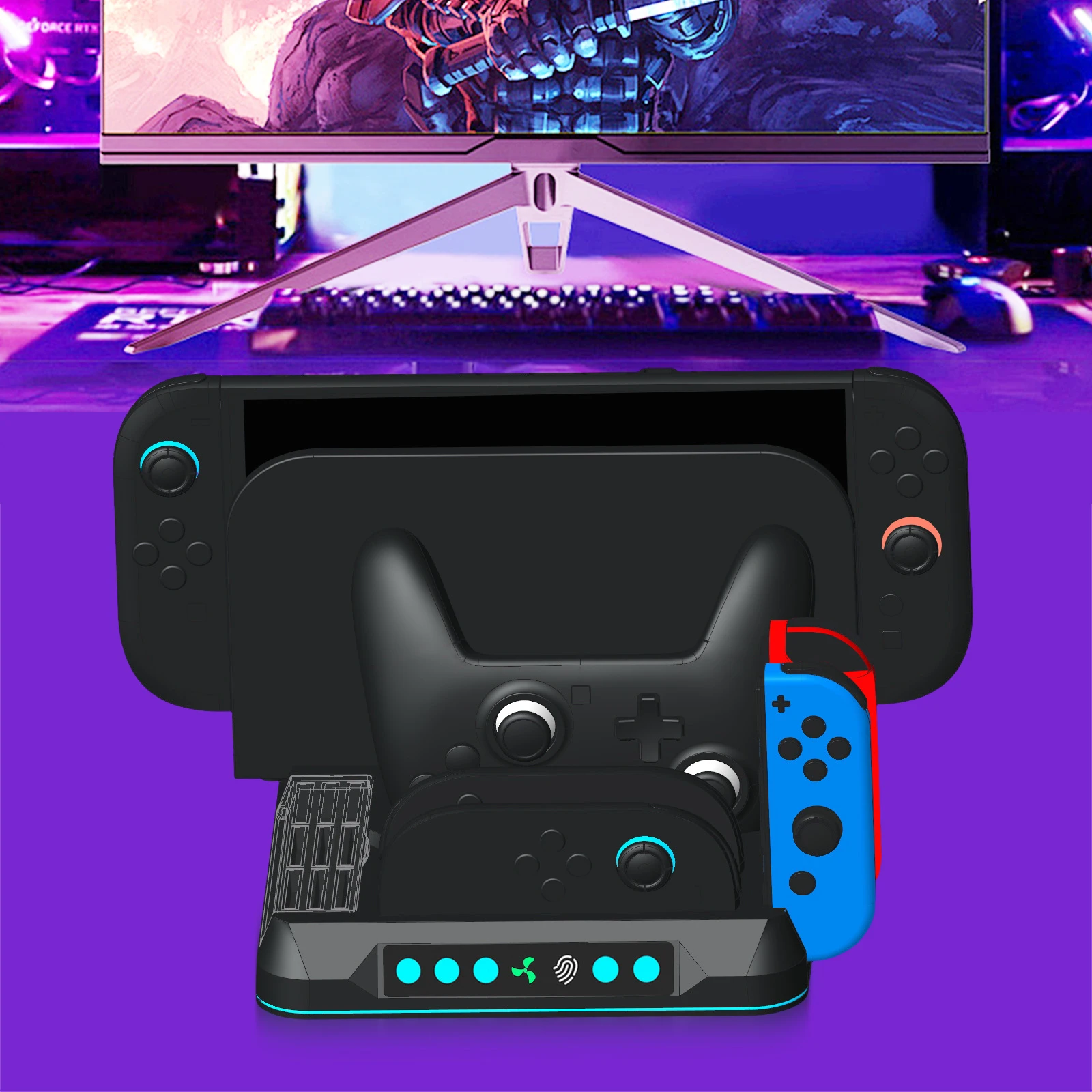 

Вентилятор охлаждения для док-станции Switch 2, 3 регулируемые скорости, охлаждающая и зарядная подставка, 9 слотов для игровых карт, режимы RGB-подсветки для консоли Switch 2