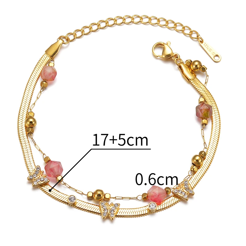 Letdiffery Pink Color Crystal Zircon Butterfly Bracele Stainless Steel Double-Layer Chain Bracelet for Women Trendy Party Jewelr