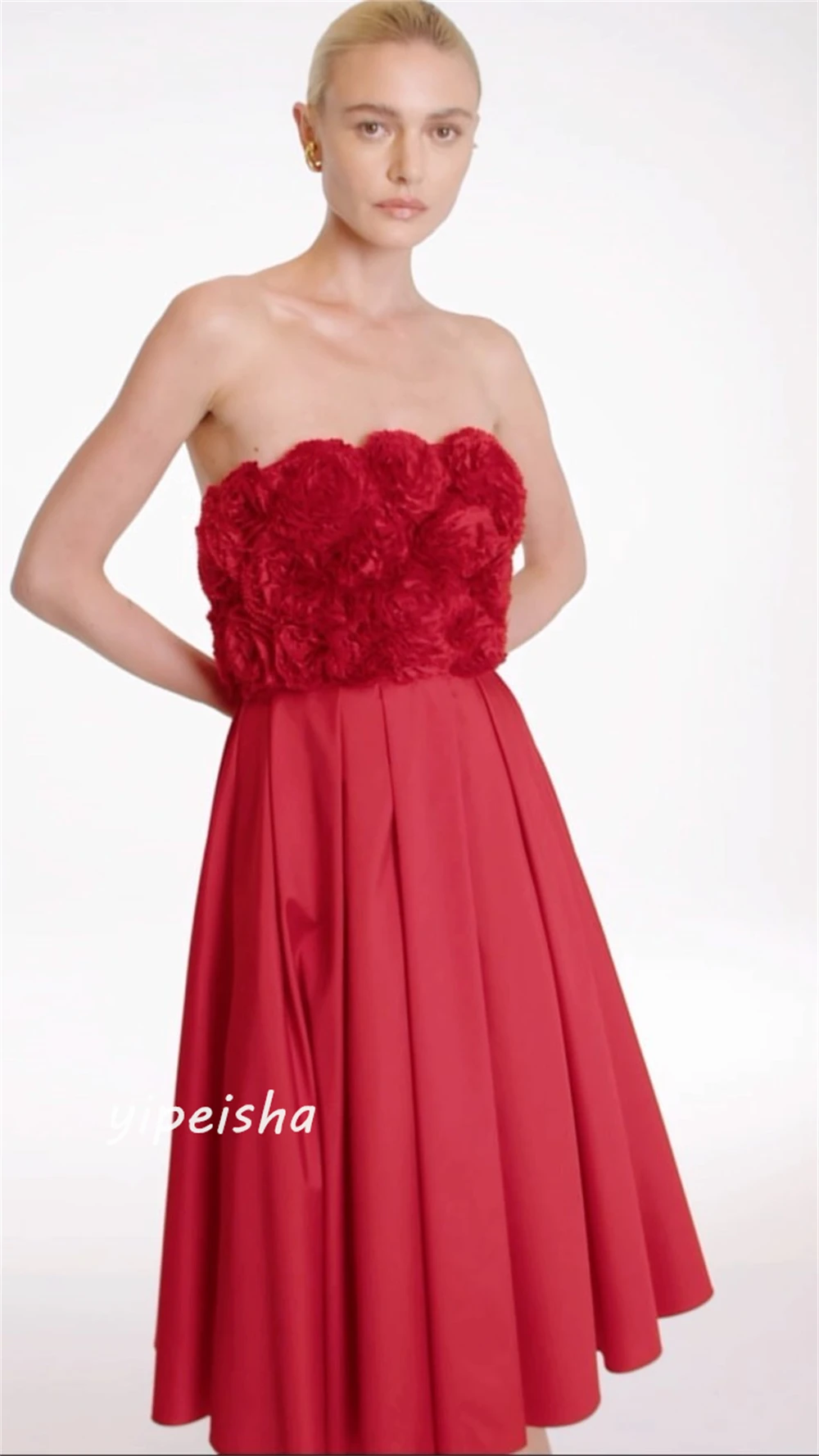 Vestido de noite sem alças, Arábia Saudita Jersey Flower Ruched Natal A linha Vestidos Midi, Vestido Ocasião Bespoke