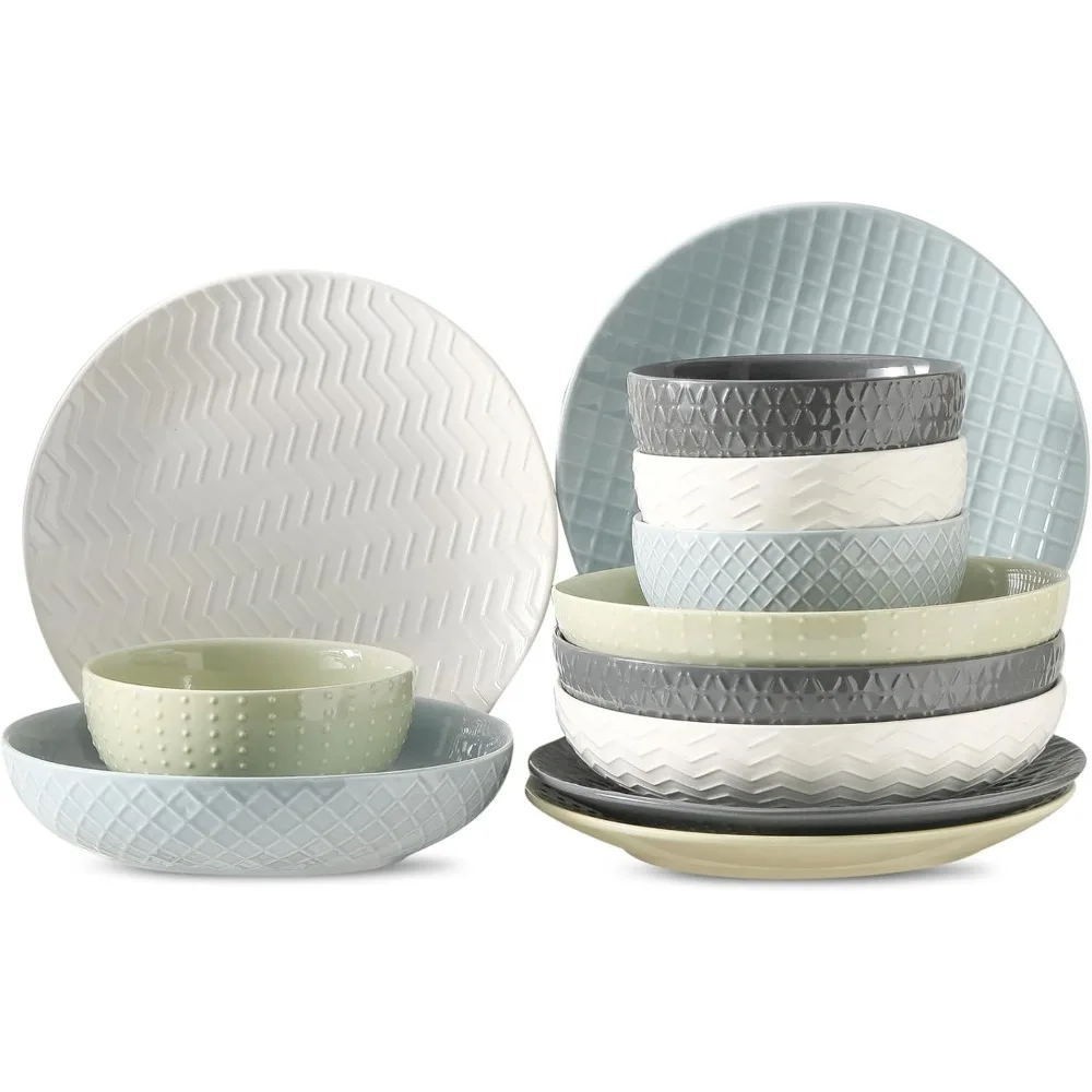 

Hasense, 12 предметов, керамические наборы посуды на 4 человека, сервировочные тарелки и миски премиум-класса, набор для салата и макарон, керамическая посуда, кухонная посуда