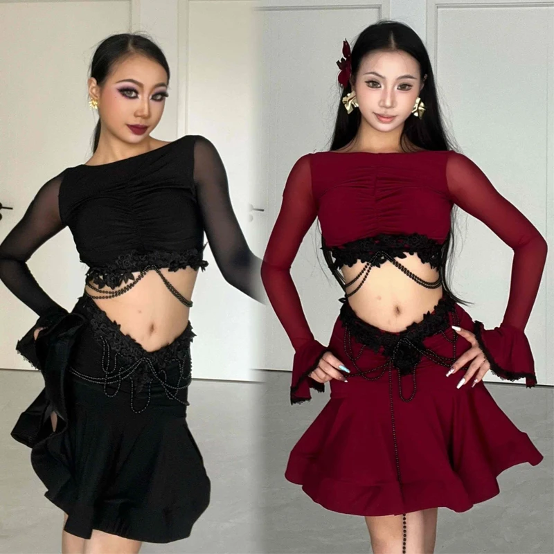 

Fashion Women'S Latin Dance Competition Costume Sexy Horn Sleeves Latin Top Fishbone Skirt Adults Performance Dancewear SL12699