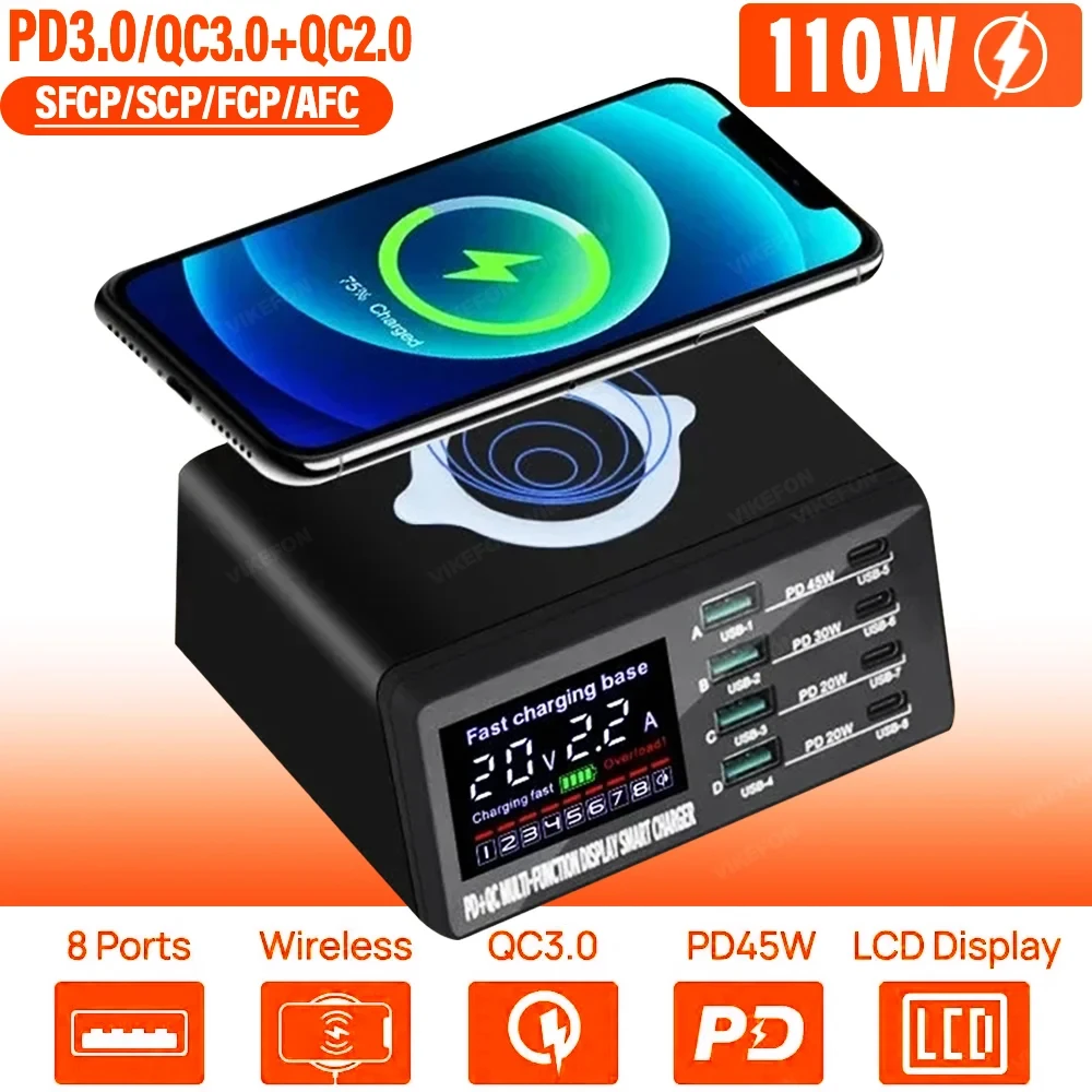 Stazione di ricarica USB a 8 porte da 100W con schermo di visualizzazione digitale di ricarica Wireless QC3.0 PD3.0 ricarica rapida per iPhone 15 14