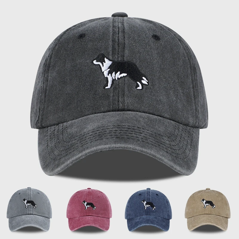 

MLFO Border Collie Embroidered Washed Baseball Cap – Spring/Summer Fashion Hat, Unisex, Adjustable Sun Hat, Casual Hat