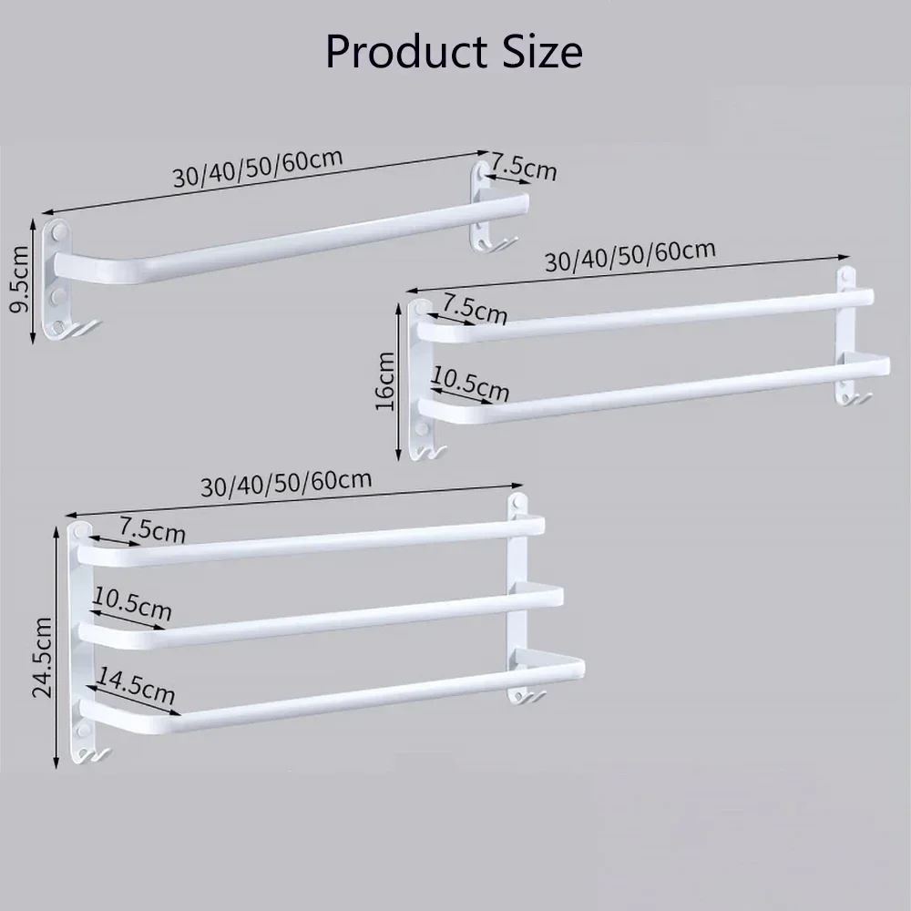 Towel Hanger Rack 30-60cm Shower Bar Storage Wall Holder Organizer Hook Rail White Aluminum Bath Shelf Bathroom Accessories