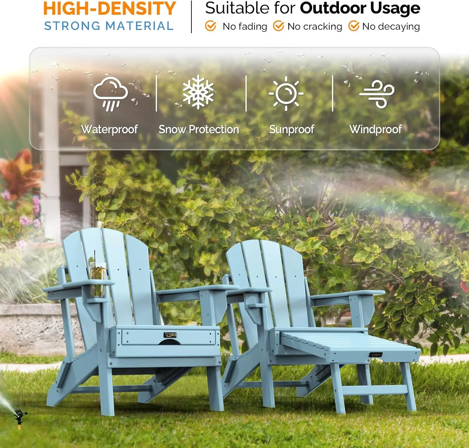 Folding Adirondack Chair with Ottoman, Waterproof Plastic HDPE Firepit Chair for Outside with Hidden Footrests