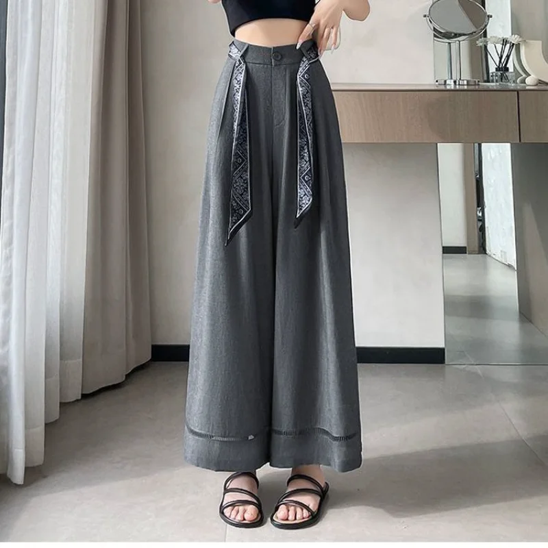 Damskie spodnie z jedwabiu lodowego i bawełny, nowe, letnie, długość 7/8, ochrona przed słońcem, koronkowe, z wysokim stanem, luźne, codzienne.