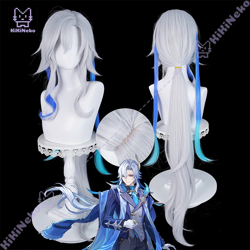 

Парик для косплея Невиллет из игры Genshin Impact, подарок Melusent, длинные серебристые волосы с синим градиентом, парик для взрослых на Хэллоуин
