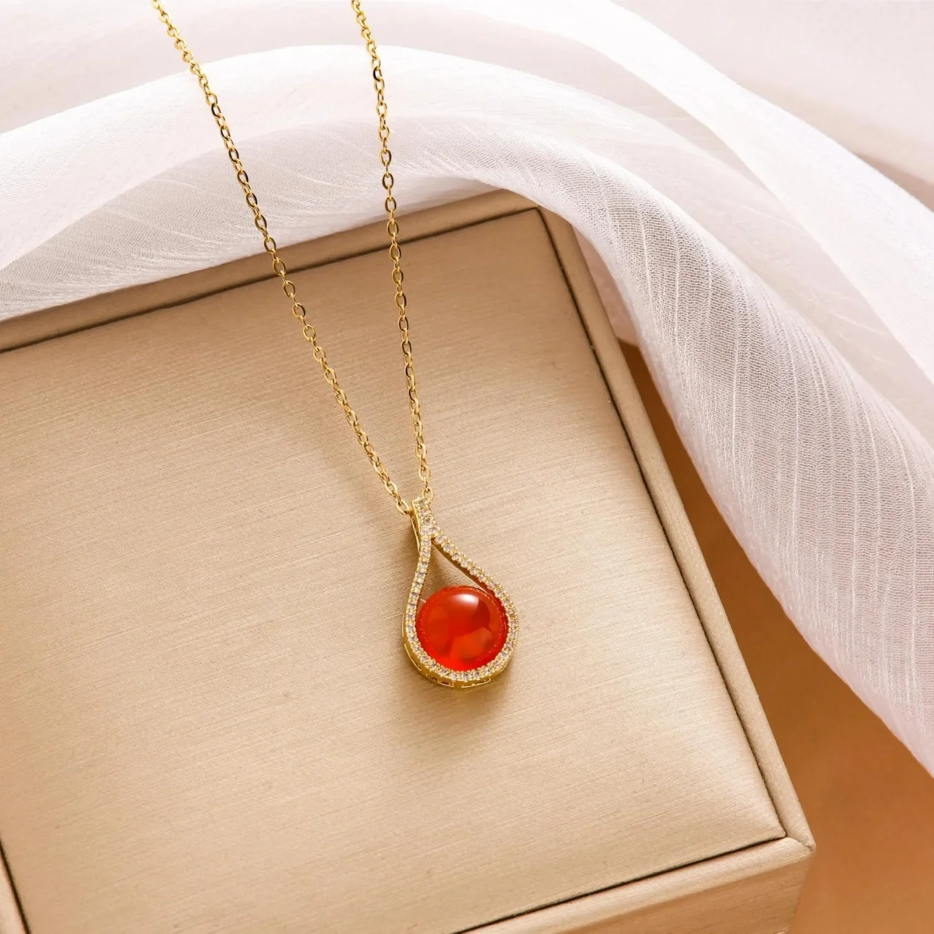 Женское колье с подвеской из натурального красного агата и красного нефрита, цепочка на ключицу, придворный стиль ретро