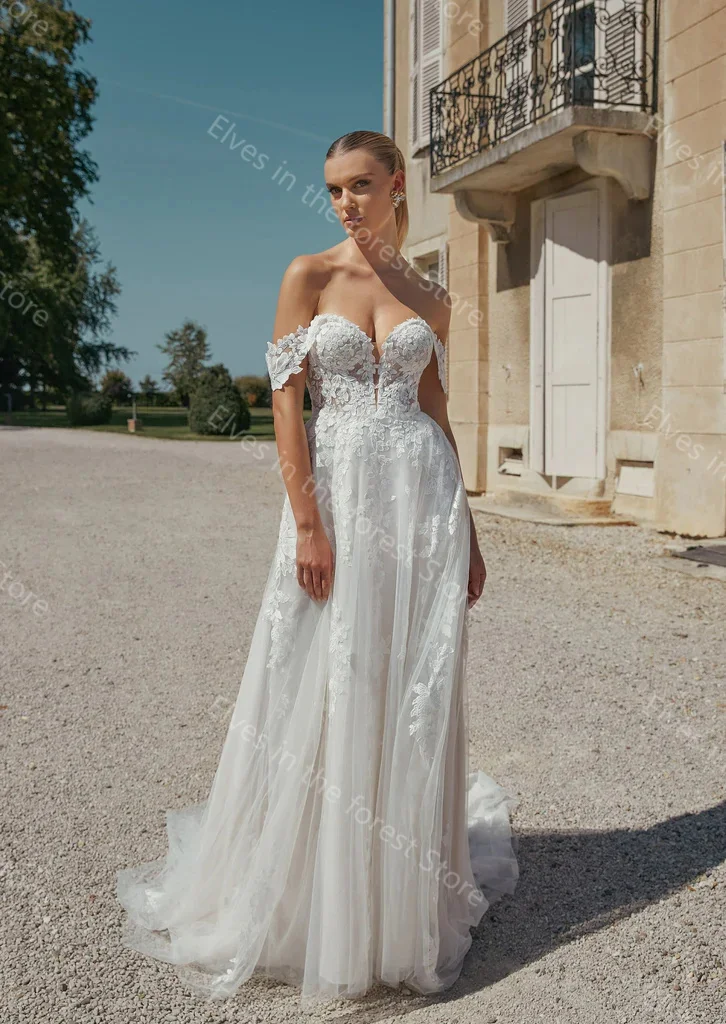 Romântico uma linha vestidos de casamento fora do ombro rendas apliques vestidos de noiva encantador trem longo feito sob encomenda vestidos de mariee