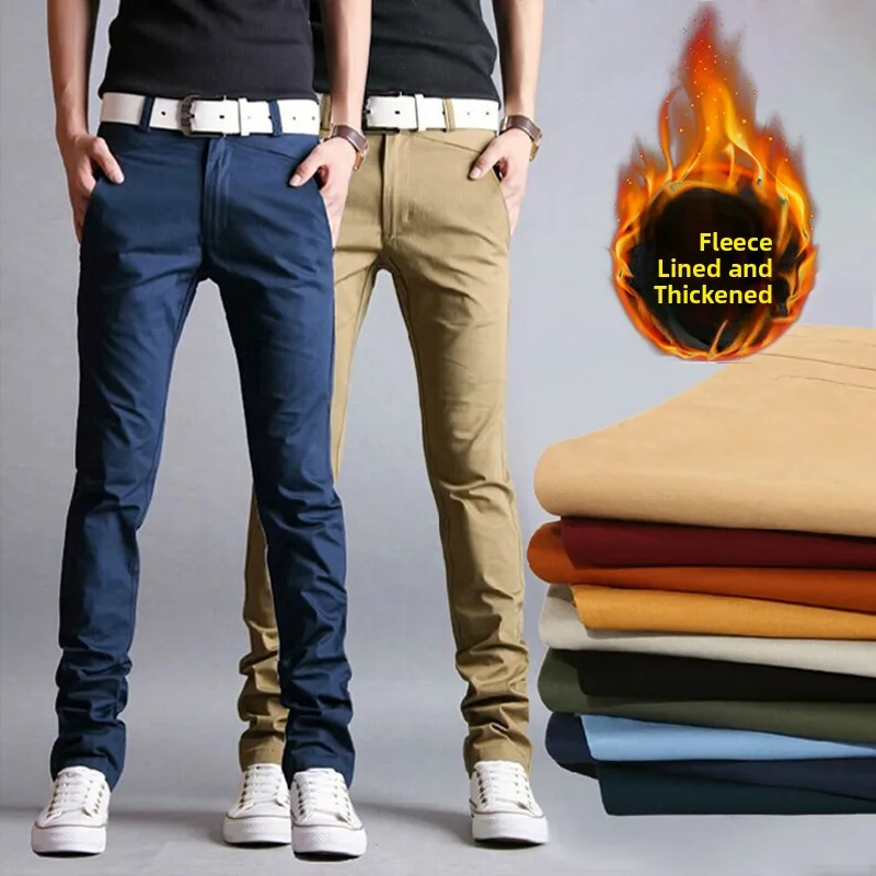

Мужские утепленные повседневные брюки с флисовой подкладкой, облегающие, прямого кроя, осенне-зимние, в корейском стиле, молодежные модные джинсы