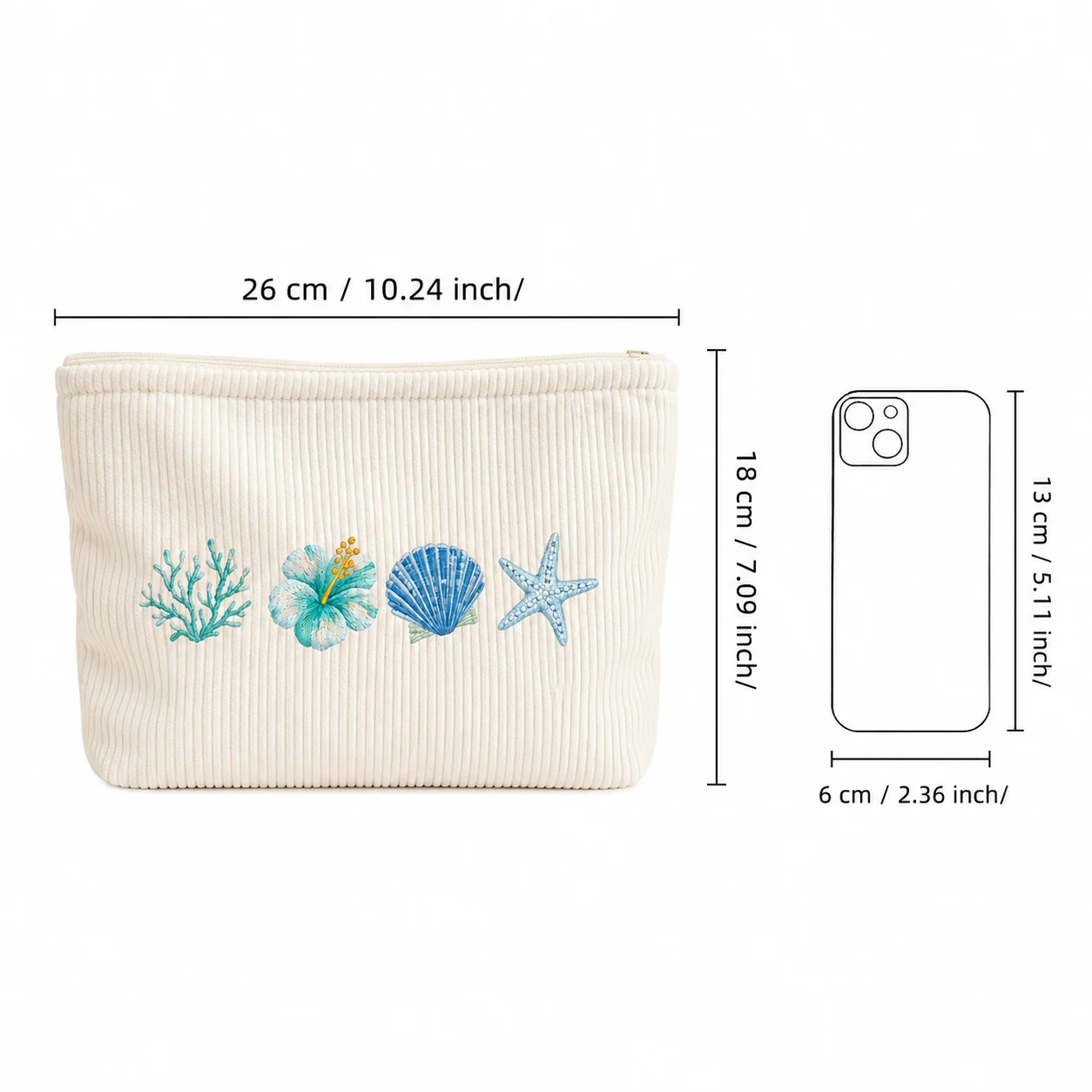 Seashell Cosmetic Bag Printing Corduroy Makeup Pouch Tropical Beach Travel Toiletry Organizer Zipper Storage Bag for Women