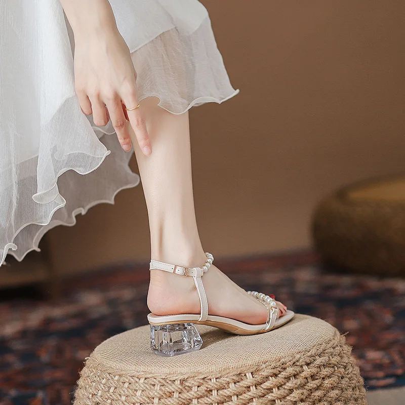 2024 Summer Fashion Casual Thick Heel Pearl Sandals Elegant Outdoor High-heeled Slippers Crystal Sandals, Sexy Party Shoes