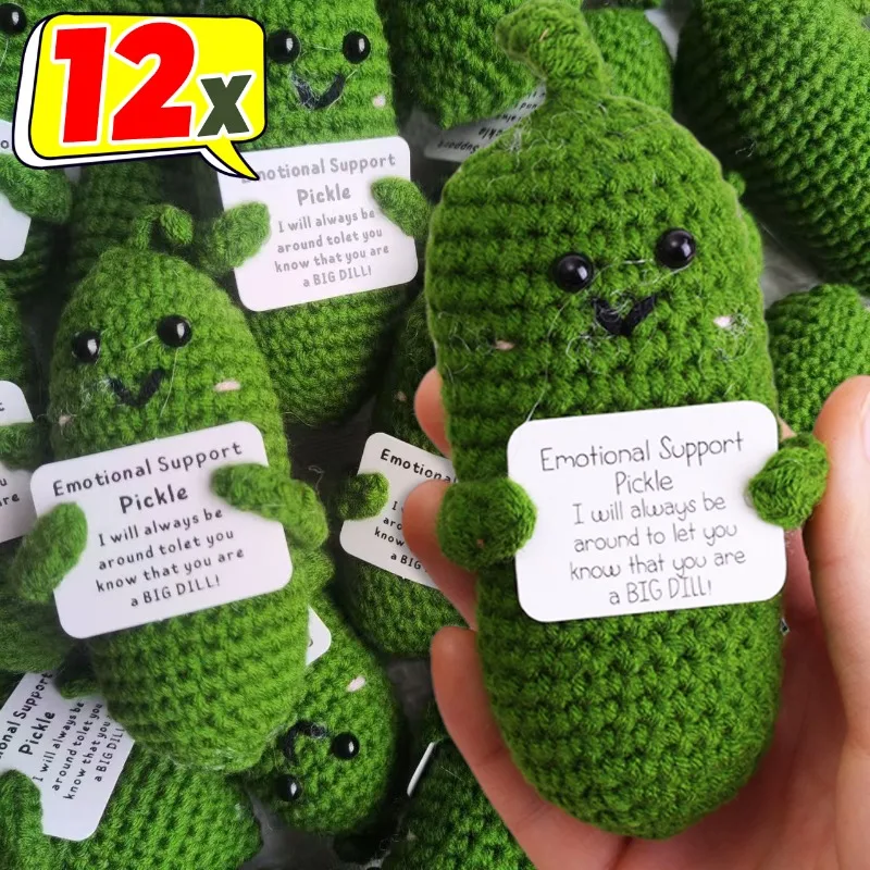 12/1PCS Crochet Positive Energy Cucumber Cute Handmade Knitted Shark Doll with Card New Year Home Ornament Birthday Gift for Kid