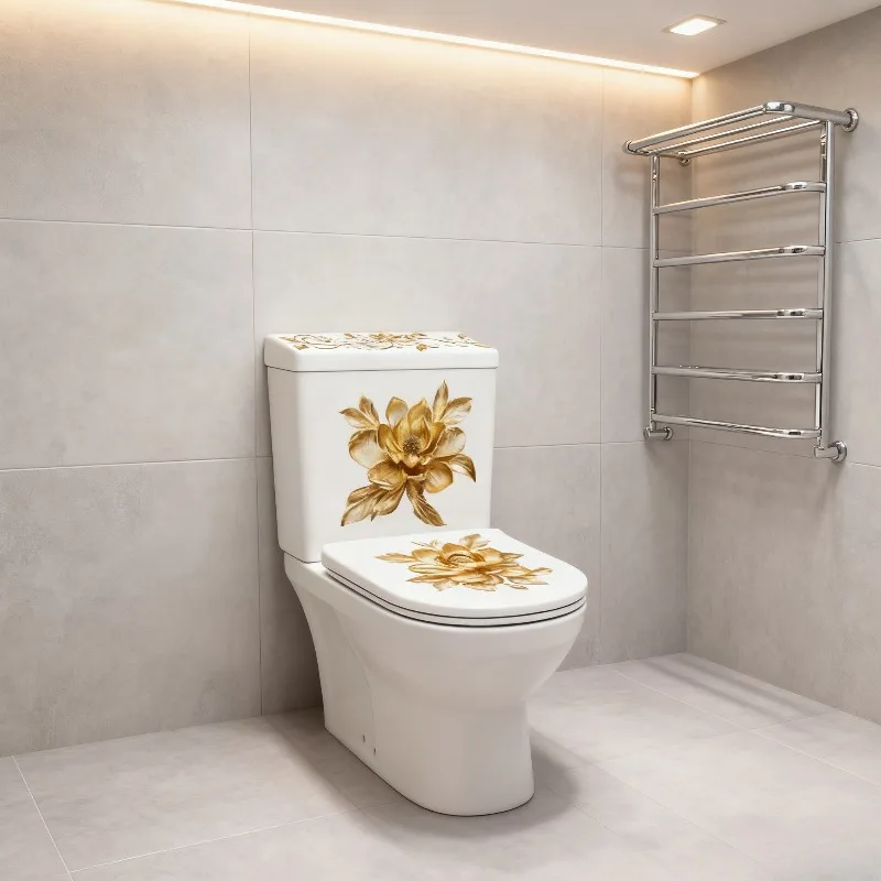 ACC36112 New Gold Diamond Flower Toilet Seat Sticker Self Adhesive Waterproof Decal for Bathroom and Restroom Decoration