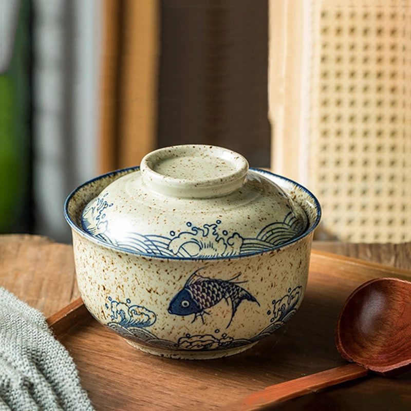 YWDL وعاء رامين فوري ياباني مع غطاء سيراميك عتيق سعة كبيرة أطباق شوربة سلطة المعكرونة أدوات مائدة المطبخ المنزلية