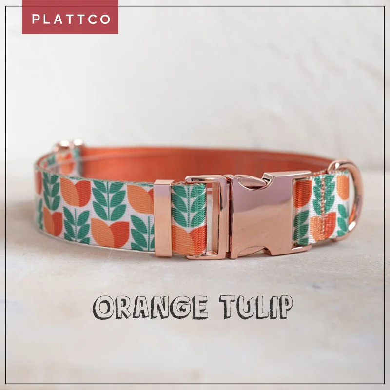 PLATTCO unique design dog collar print Orange Tulip pattern with high-quality rose gold buckle 5 size PDC348RG