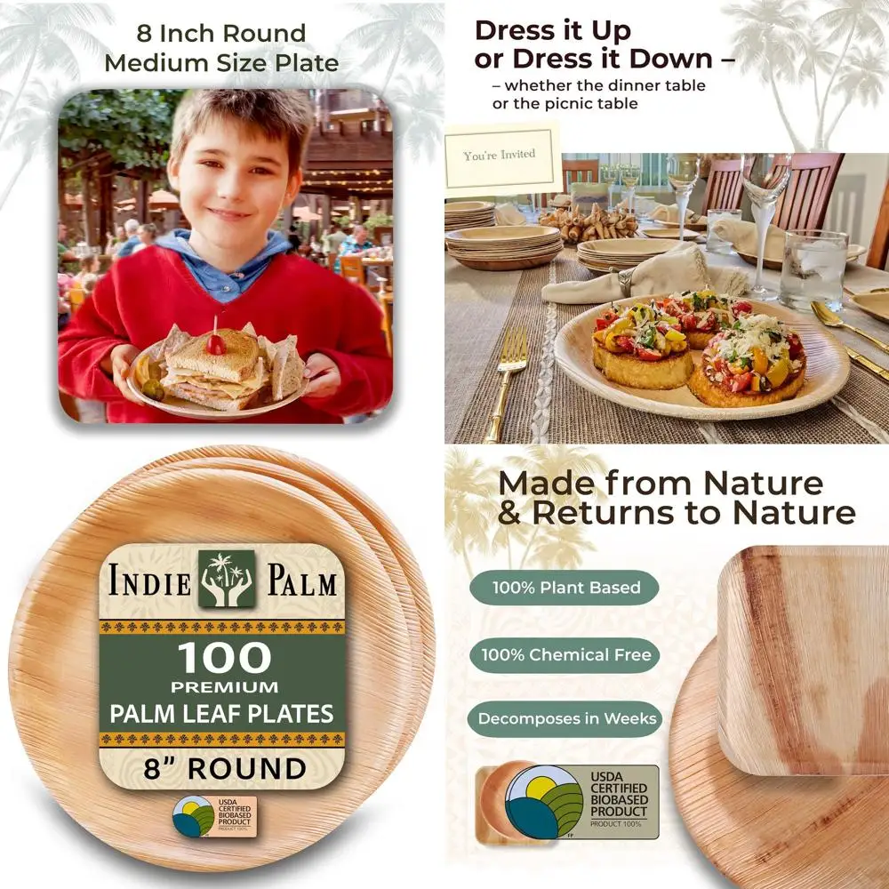 

8 Inch Round Biodegradable Palm Leaf Plates - Heavy Duty, Eco-Friendly for Parties, Weddings, Catering (100 Pack)