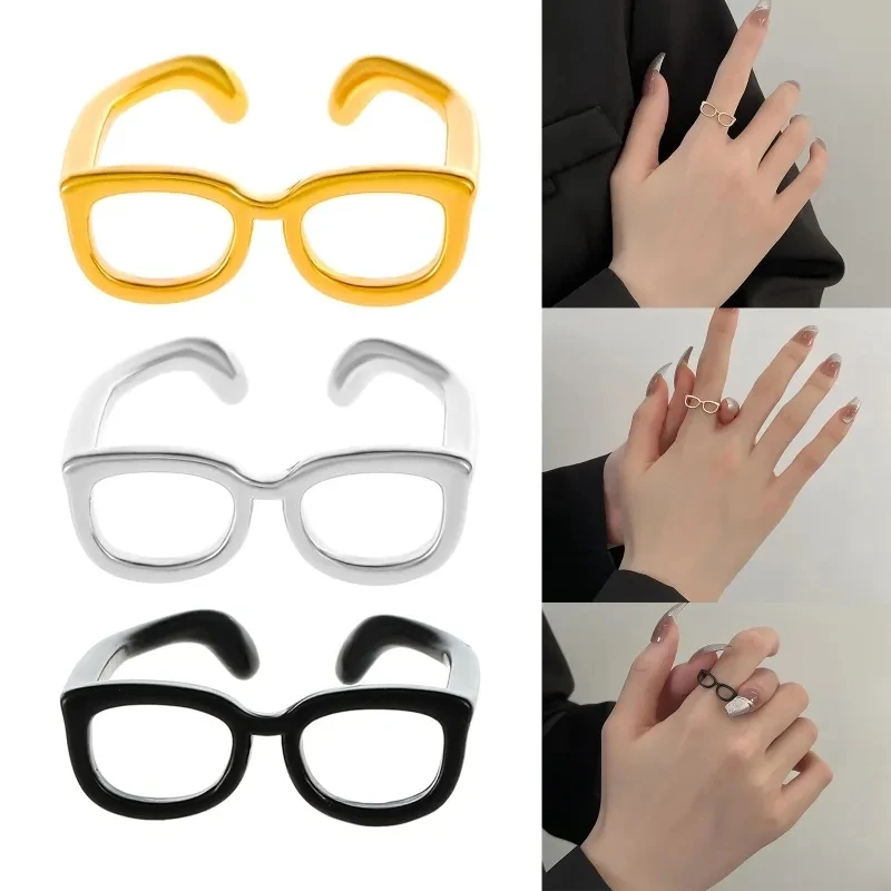 Fashion Open Rings Adjustable Eyeglass Cute Glasses Ring for Finger Vintage Gothic Stackable Ring Jewelry for Woman Girls Gift