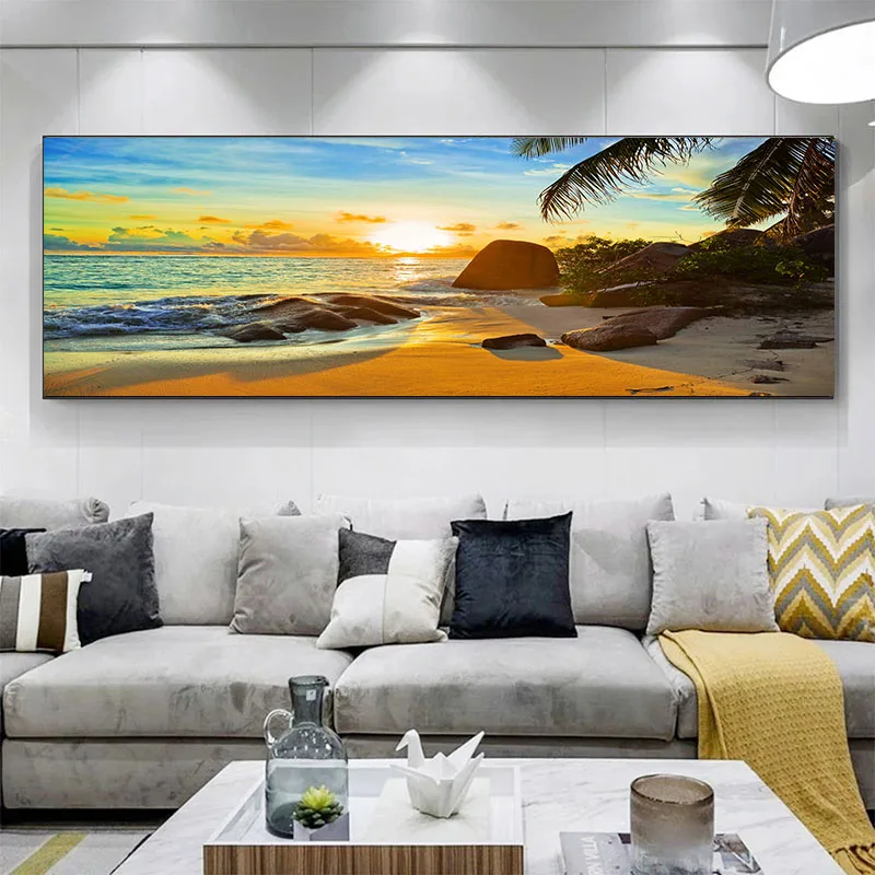 Sunsets Natural Sea Beach Coconut Palm Panorama Landscape Canvas Painting Posters and Prints Wall Art Picture for Living Room