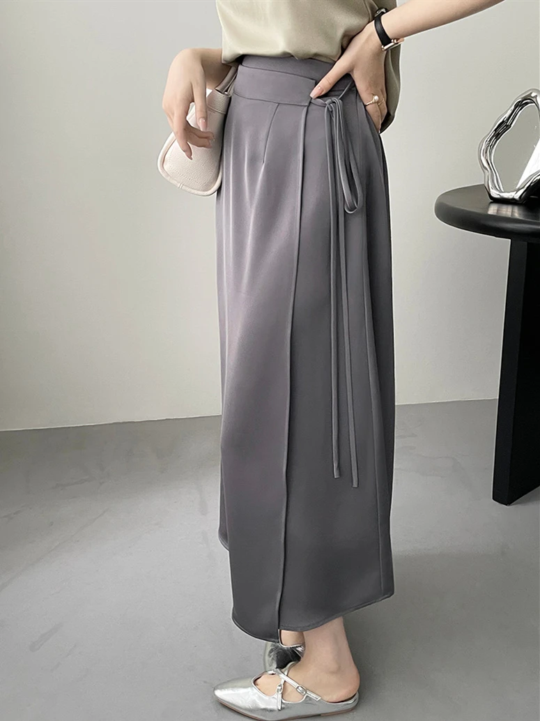 Spring New Girlish Medium Length Skirt Satin Finish Elastic Waist Side Tie A-Line Flowy Elegant Smooth Simplicity Solid Vestidos