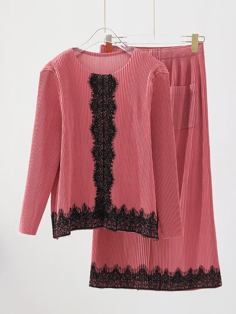 Imagem -06 - Yudx Miyake Conjunto de Meia Saia Plissada Patchwork Lace Stretch Pullover Top Meia Saia Novo Inverno Pcs Grupo 2023