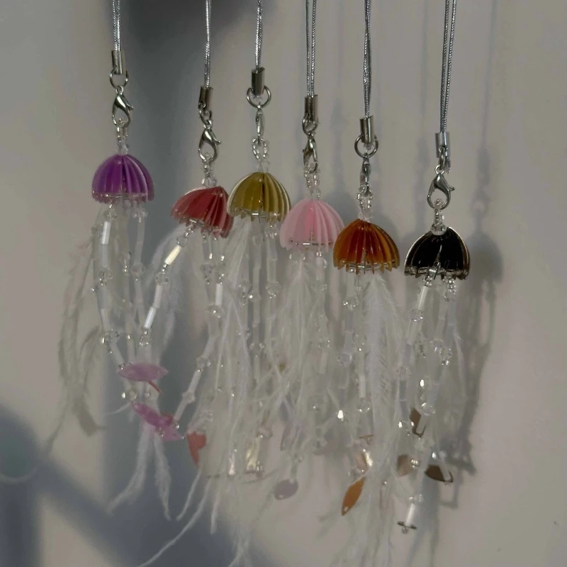 Unique Water Jellyfish Charm Keychain Colorful Keyring Pendant with  Feather Fringe Stylish Bag Charm Camera Jewelry