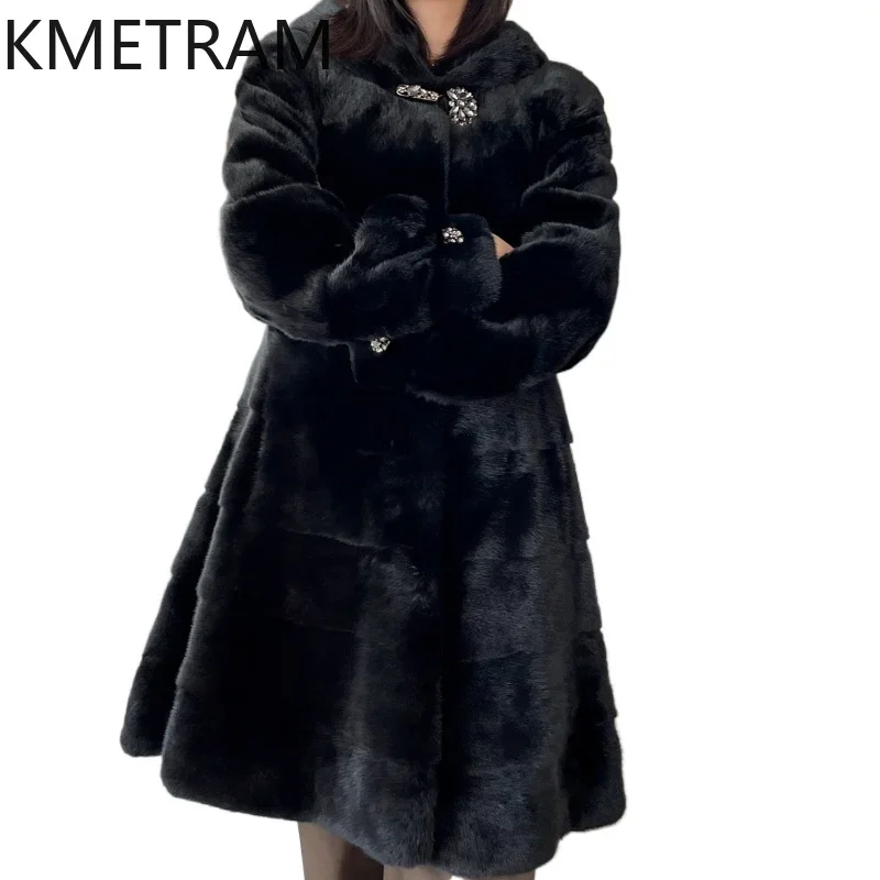 Real Mink Fur Coat Women Black Long Fur Jacket with Hood High Quality Outerwears Winter Luxury Clothes Woman шуба женская 2024