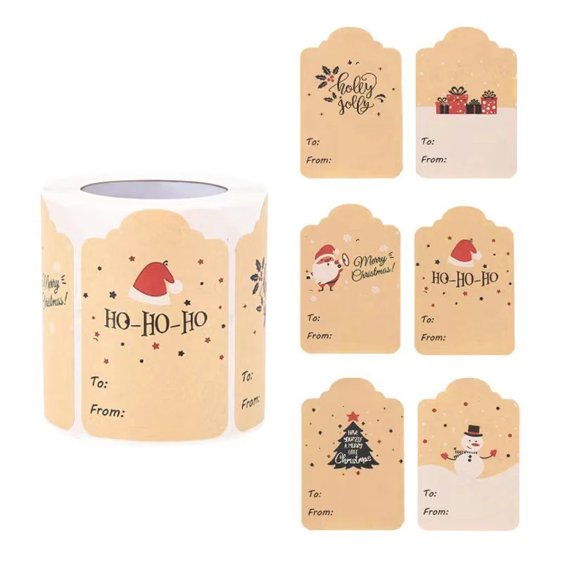 300Pcs/roll Merry Christmas Santa Claus Label Stickers Kraft Paper Handwritten Label DIY Party Scrapbook Envelope Seals Sticker