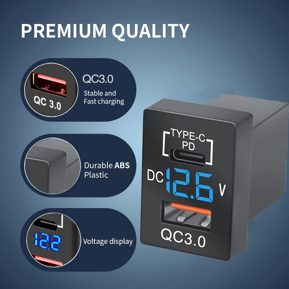 PD Typ C QC3.0 Dual-Port-Autoladegerät 12/24V Voltmeter LED Wasserdichter Stromadapter für Toyota Schnellladung Autozubehör