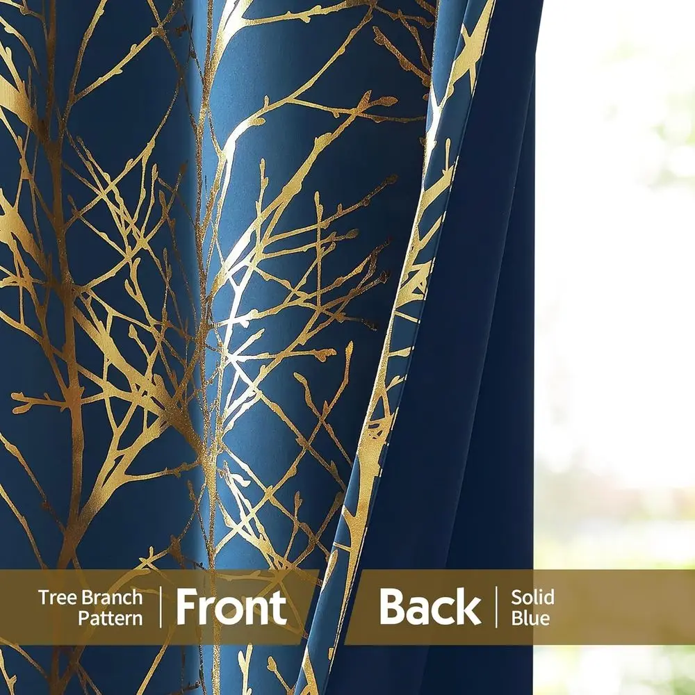 Elegantes 96 cortinas con estampado de árbol de lámina dorada y azul para dormitorio y sala de estar, paneles modernos con ojales de rama metálica