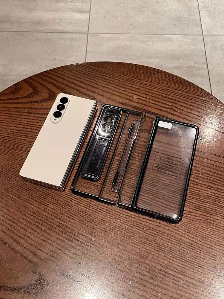 For Samsung Galaxy Z Fold 5 3 Z Fold 4 5G Case One-Piece Plating Transparent Case With Stand And Screen Protector Luxury Black