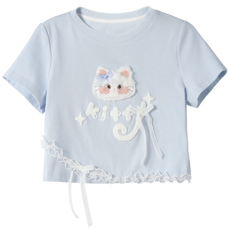 2025 Summer New White Cat Cartoon Printed High Waist Wide Leg Straight Casual Pants Petite Women Blue Lace T-Shirt