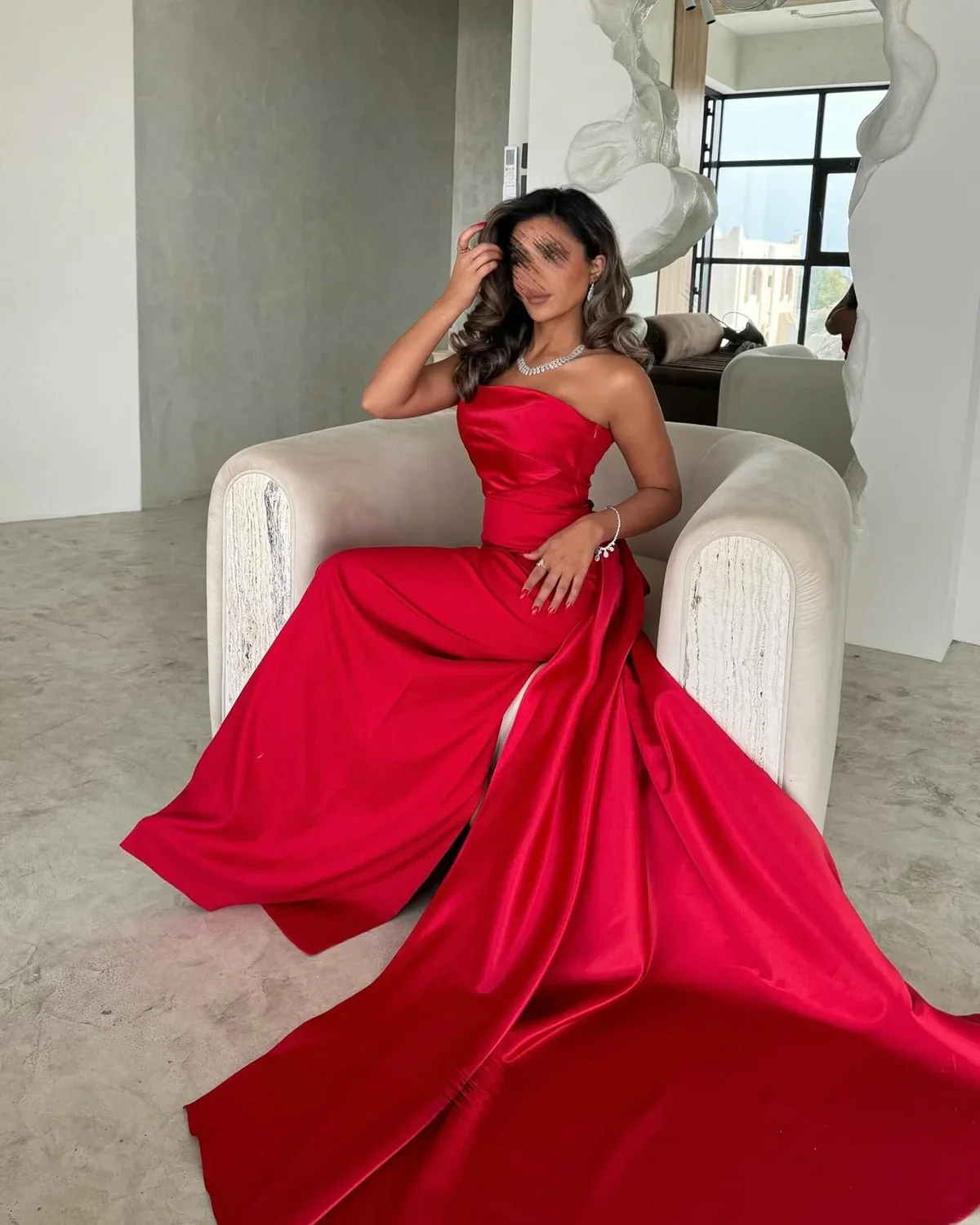 Sharon Said Dubai Red Strapless Evening Dress with Side Skirt Long for Women Wedding Party Prom Gowns Arabic SF118 Customized