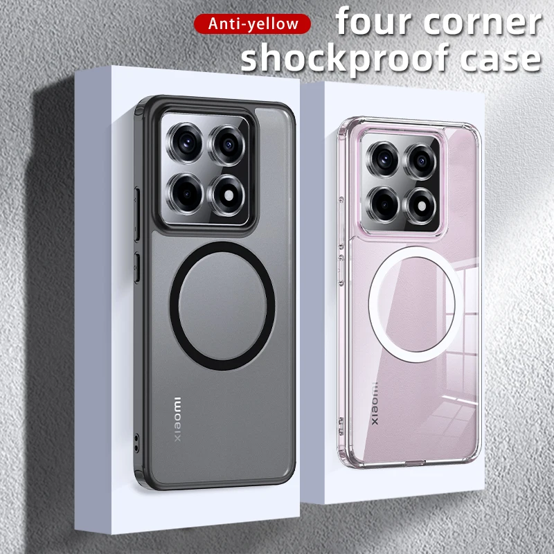 For Xiaomi 14T Pro Magnetic Case AirBags Shockproof Matte PC+TPU Anti-fingerprint Transparent Back Cover