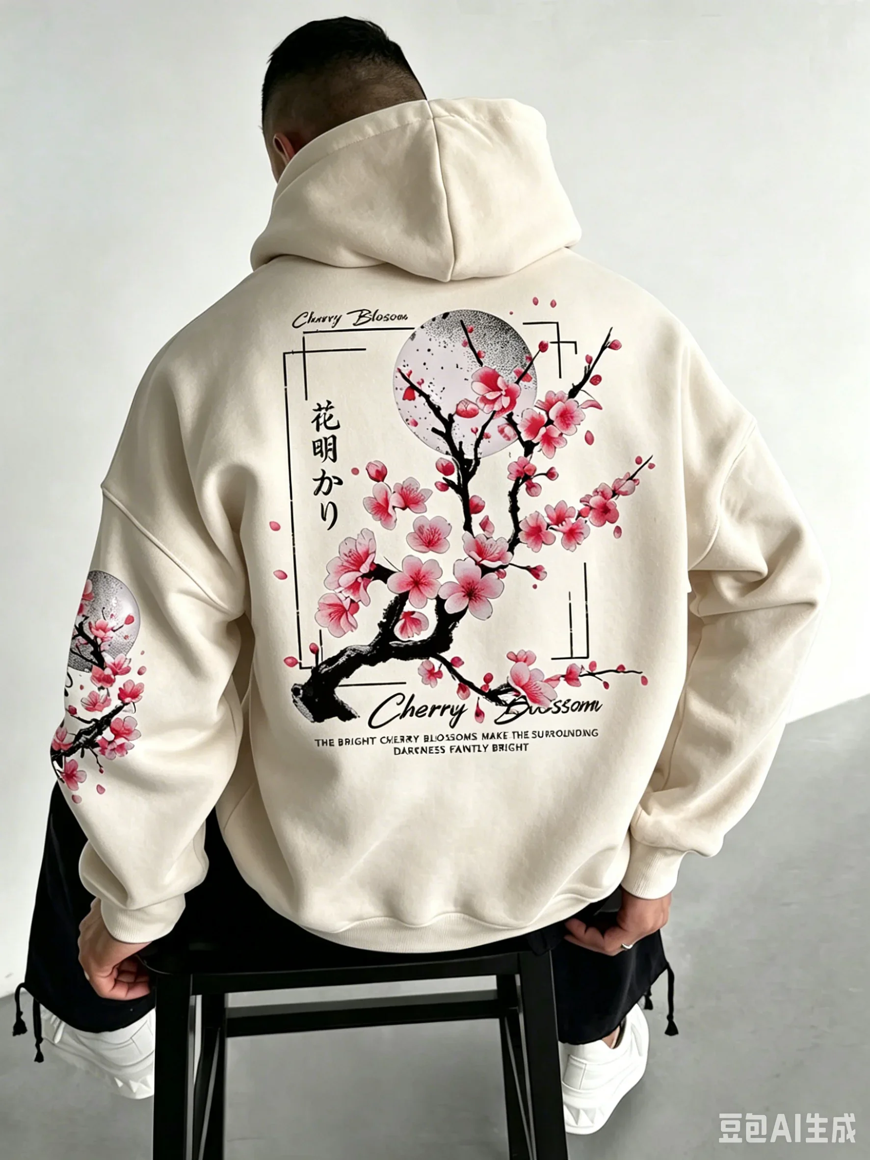 Herren Fleece-gefütterter Hoodie Herbst Winter Japanischer Kirschblüten-Druck Sweatshirt Locker Sitzender Streetwear Pullover Dicker Warmer Kapuzenpullover – Detail 6