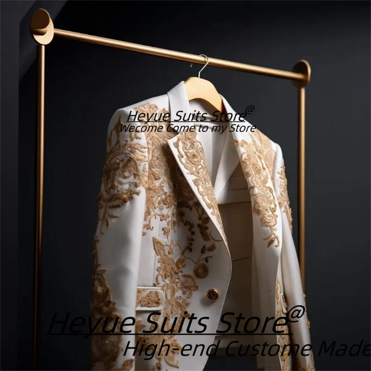 Luxuly Golden Applique Process Heavy Work Men Suits Customized Slim Notched Lapel Groom Wedding Tuxedos 2 Pcs Sets Ropa Hombre