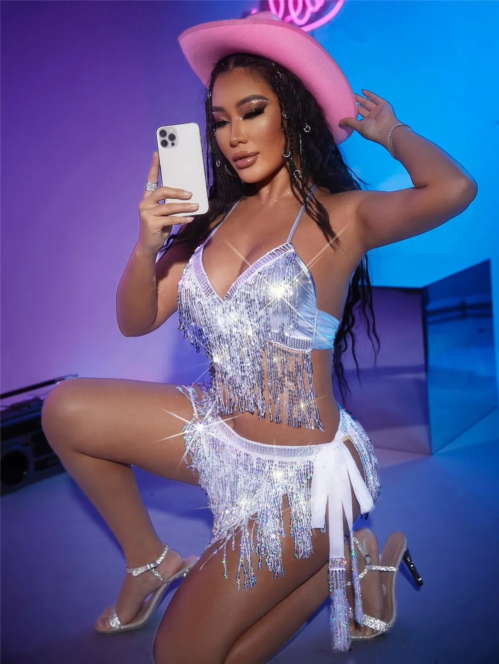 Shuidian 2023 nowy seksowny błyszczący diamentowy pasek łączenie damski zestaw spódnic LBZ1903