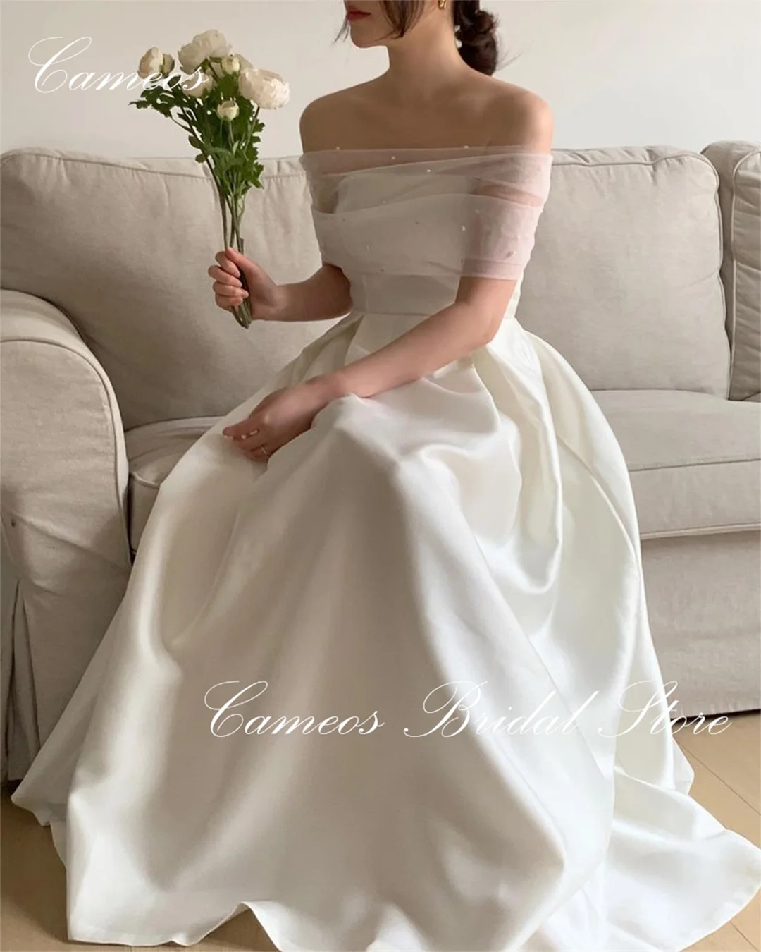 SONDR Korean Long Sleeves Wedding Dress Strapless Custom Made Formal Prom Dress 웨딩드레스  A-Line Satin Pearls Evening Gown Bridal