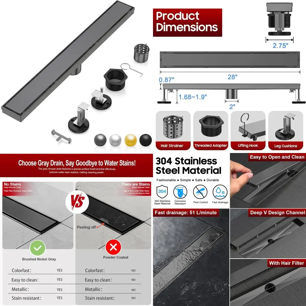 

Linear Shower Drain - 28 AISI 304 Stainless Steel with 2-in-1 Tile Insert Panel and Adjustable Frame for Custom Shower Installat