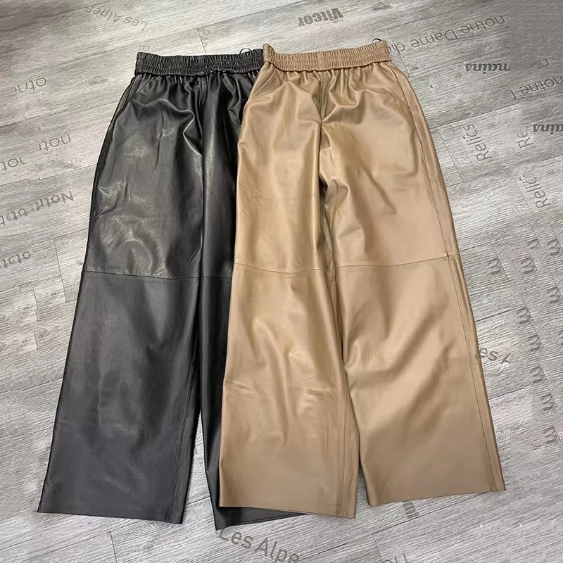 Imagem -04 - Calça Casual de Couro Feminina Bronzeamento Vegetal Super Macio Pele Natural Elástico na Cintura Reta Versátil Calça Larga e Comprida