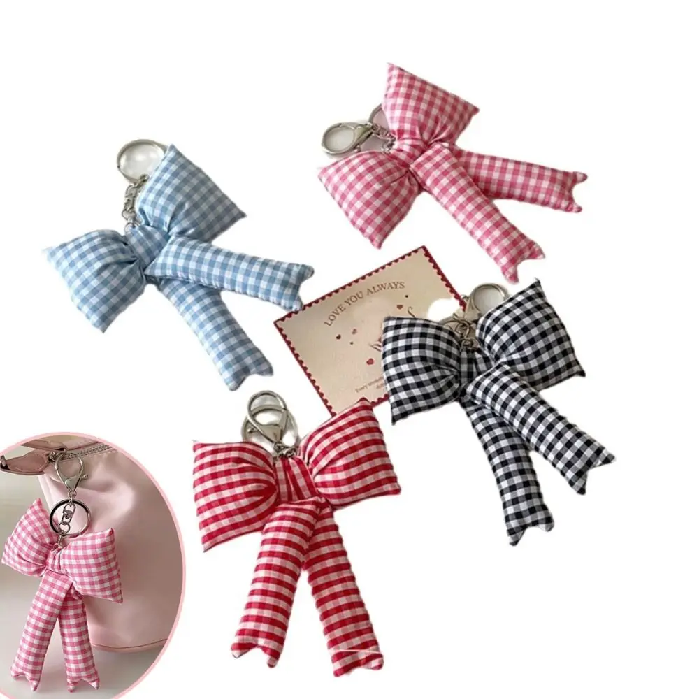 Y2K Pink Puff Grid Bowknot Bag Charms Keychain Trendy 3D Bowknot Keyring Pink Blue Plaid Bow Handbag Pendant Fashion Accessories