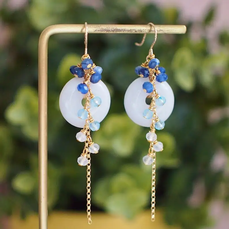 Type A Burmese White Jade Donut Earrings // Long Cascading Gems // Blue Ombre // 14K Gold-filled // Unconventional & Stylish