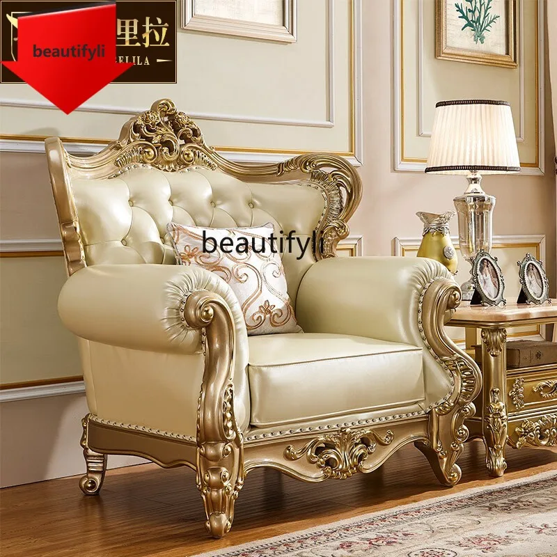 

European leather sofa court living room double-sided carved solid wood sofa champagne gold combination
