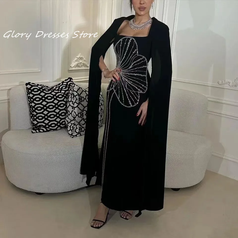 Black Crystals Prom Dresses Ankle Length Evening Dresses Beadings Long Sleeves O-Neck Arabia Zipper Formal Women Party Dresses