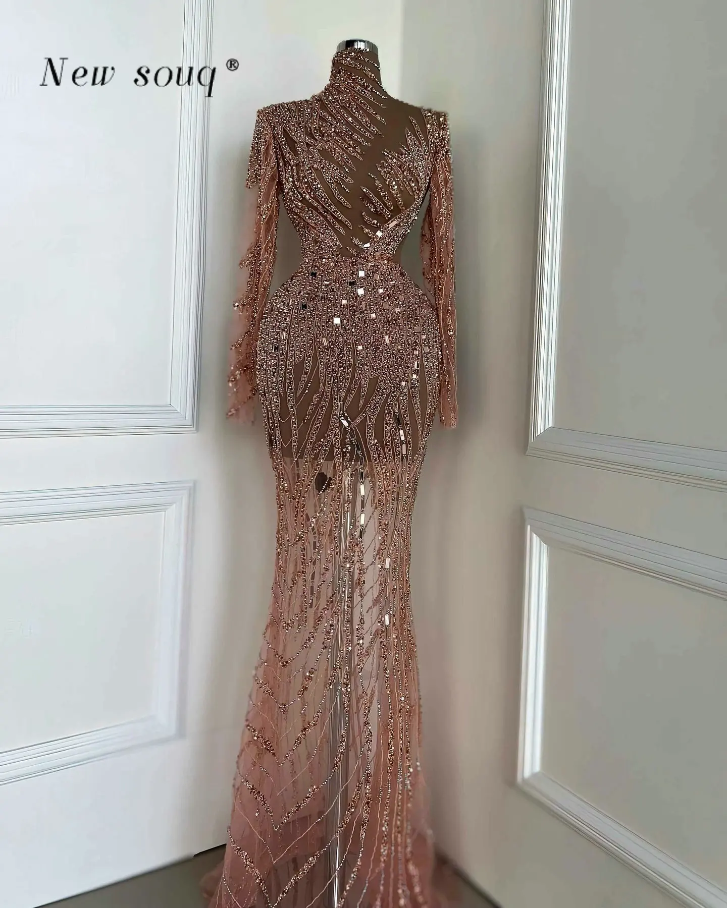 2 Styles Arabic Rose Gold High Neck Mermaid Sequins Evening Dresses with Luxury Beads Crystals Sexy Illusion Galas Events Gowns